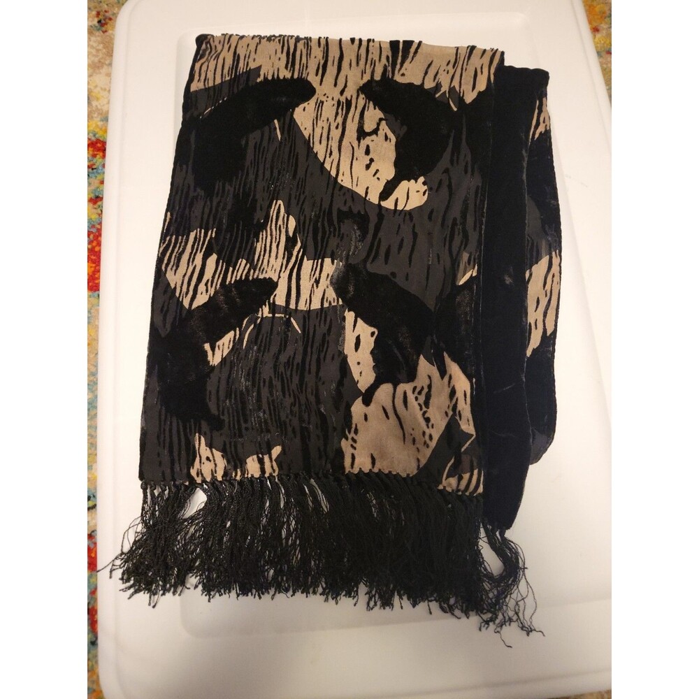 CHELSEY by Joseph Burnt Out Velvet Silk Blend Scarf Black Tan Grey Fringe 10x60"